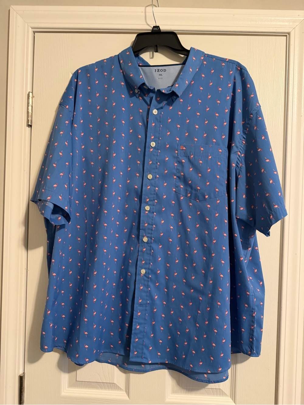 Izod Blue Short-Sleeve Button-Down Shirt with Pink Flamingo Motif